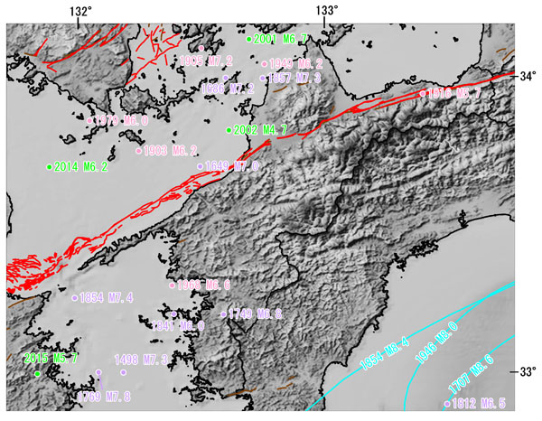 愛媛県とその周辺の主な被害地震