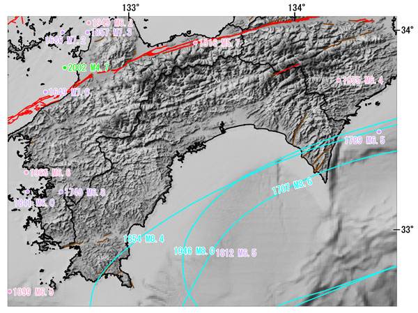 高知県とその周辺の主な被害地震