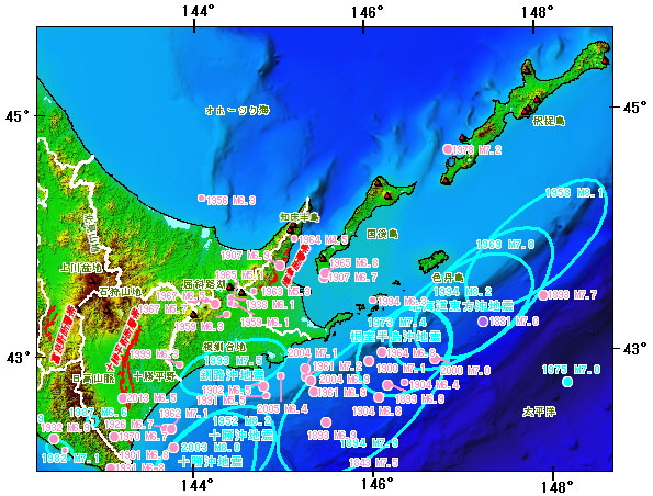 北海道東部地域とその周辺の主な被害地震