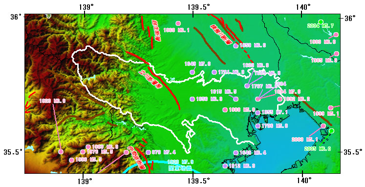 東京都（伊豆諸島及び小笠原諸島を除く）とその周辺の主な被害地震