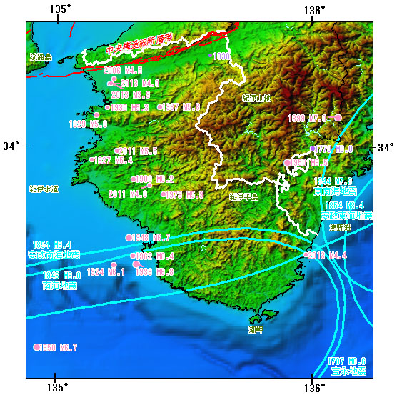 和歌山県とその周辺の主な被害地震