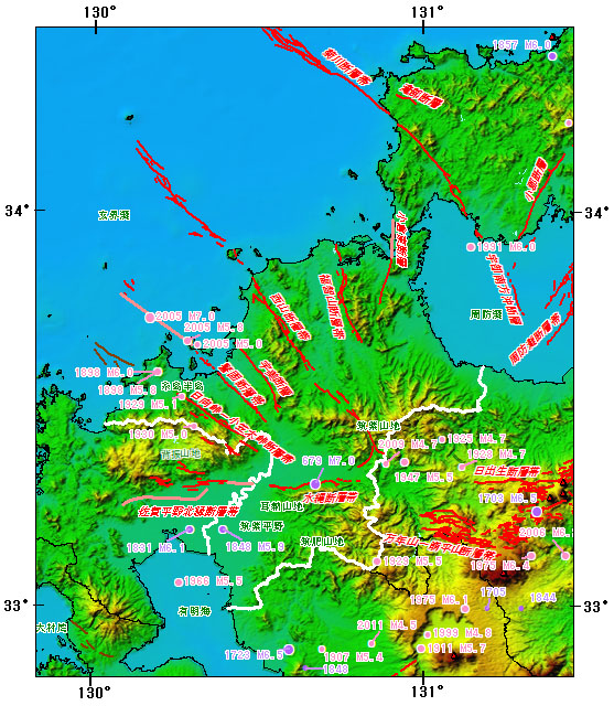 福岡県とその周辺の主な被害地震