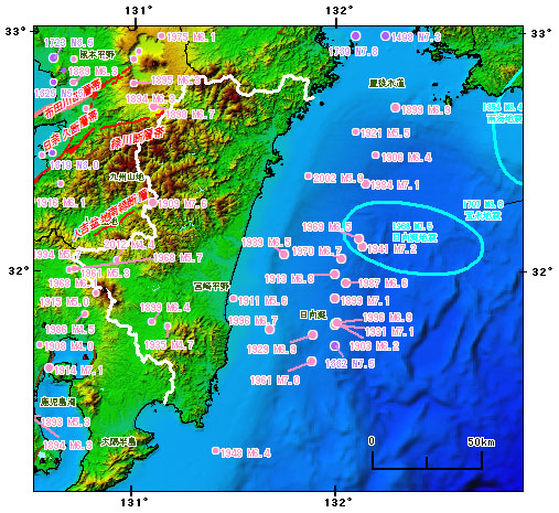 宮崎県とその周辺の主な被害地震