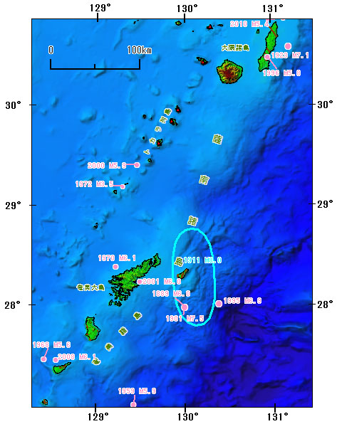 薩南諸島とその周辺の主な被害地震