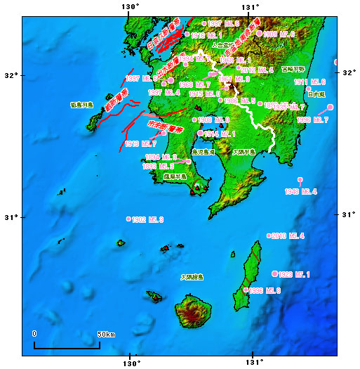 鹿児島県とその周辺の主な被害地震