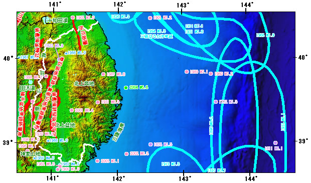 岩手県とその周辺の主な被害地震